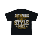 A black short-sleeve t-shirt with a distressed graphic on the front reading 'AUTHENTIC Detroit STYLE PIZZA' in textured gray and gold lettering, with 'Hungry Howie's' printed below.