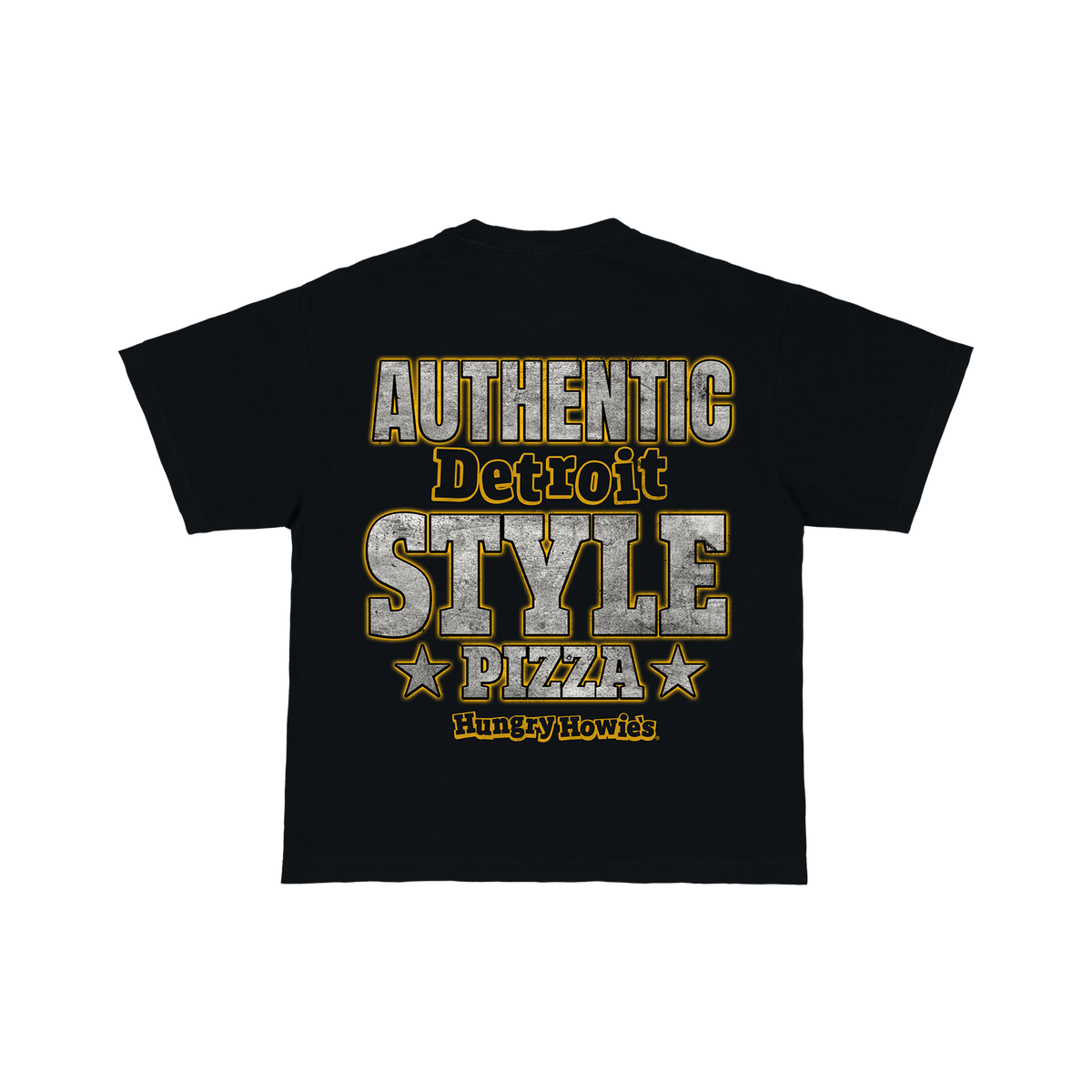 A black short-sleeve t-shirt with a distressed graphic on the front reading 'AUTHENTIC Detroit STYLE PIZZA' in textured gray and gold lettering, with 'Hungry Howie's' printed below.