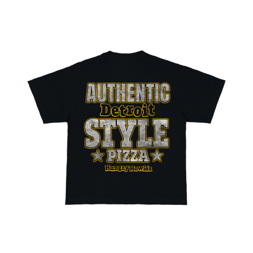 A black short-sleeve t-shirt with a distressed graphic on the front reading 'AUTHENTIC Detroit STYLE PIZZA' in textured gray and gold lettering, with 'Hungry Howie's' printed below.