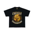 A black short-sleeve t-shirt with a large graphic on the front featuring a gold cartoon character inside a circular badge with the text 'FLAVORED CRUST CHAMPION'. 