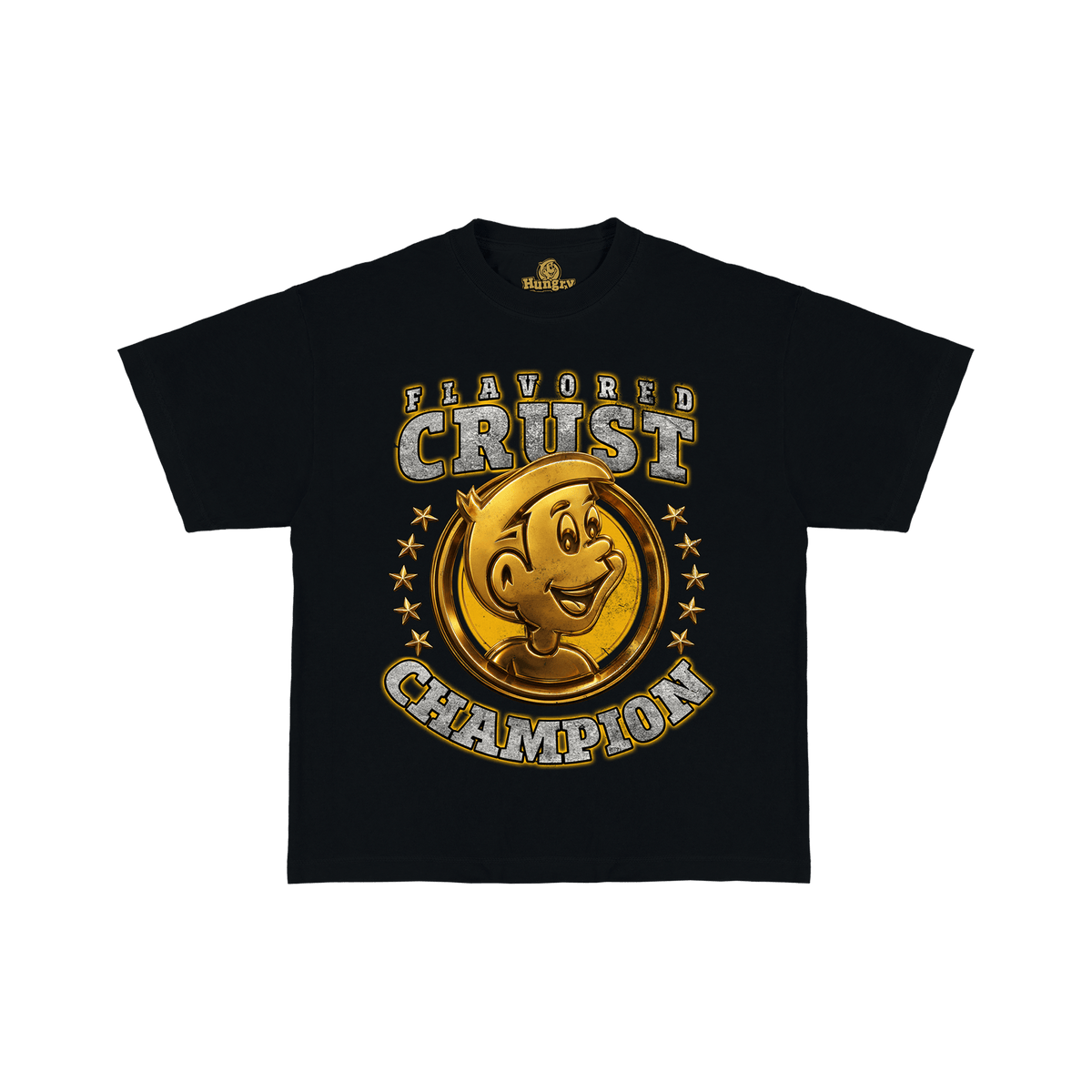 A black short-sleeve t-shirt with a large graphic on the front featuring a gold cartoon character inside a circular badge with the text 'FLAVORED CRUST CHAMPION'. 