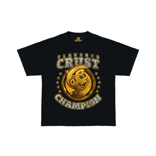 A black short-sleeve t-shirt with a large graphic on the front featuring a gold cartoon character inside a circular badge with the text 'FLAVORED CRUST CHAMPION'. 