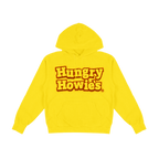 A bright yellow pullover hoodie with 'Hungry Howie's' printed across the chest in a bold red and yellow retro font.