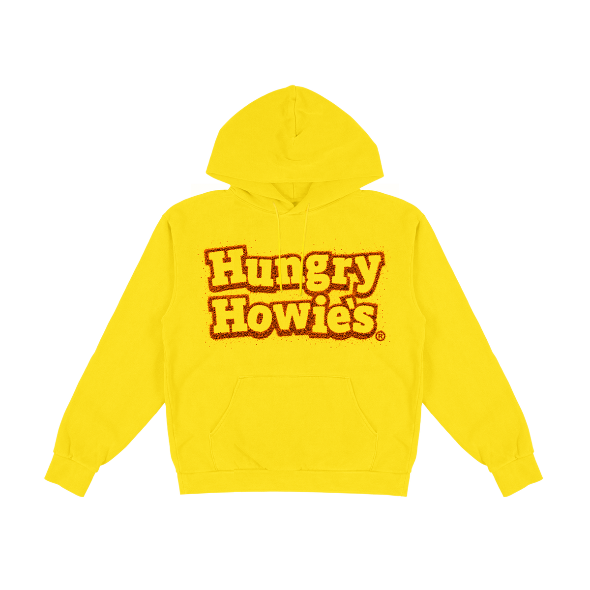 A bright yellow pullover hoodie with 'Hungry Howie's' printed across the chest in a bold red and yellow retro font.