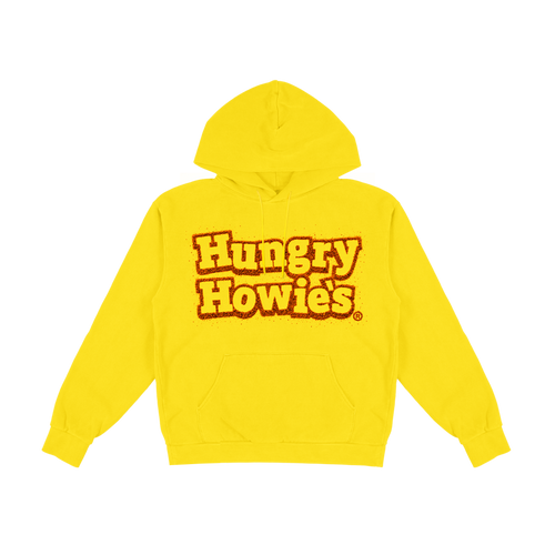 A bright yellow pullover hoodie with 'Hungry Howie's' printed across the chest in a bold red and yellow retro font.