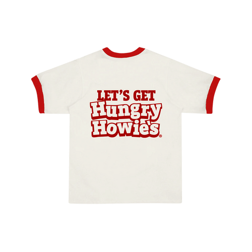 The back of a white ringer t-shirt with red collar and sleeve trim, featuring a bold red graphic text on the front that reads 'LET'S GET Hungry Howie's'.