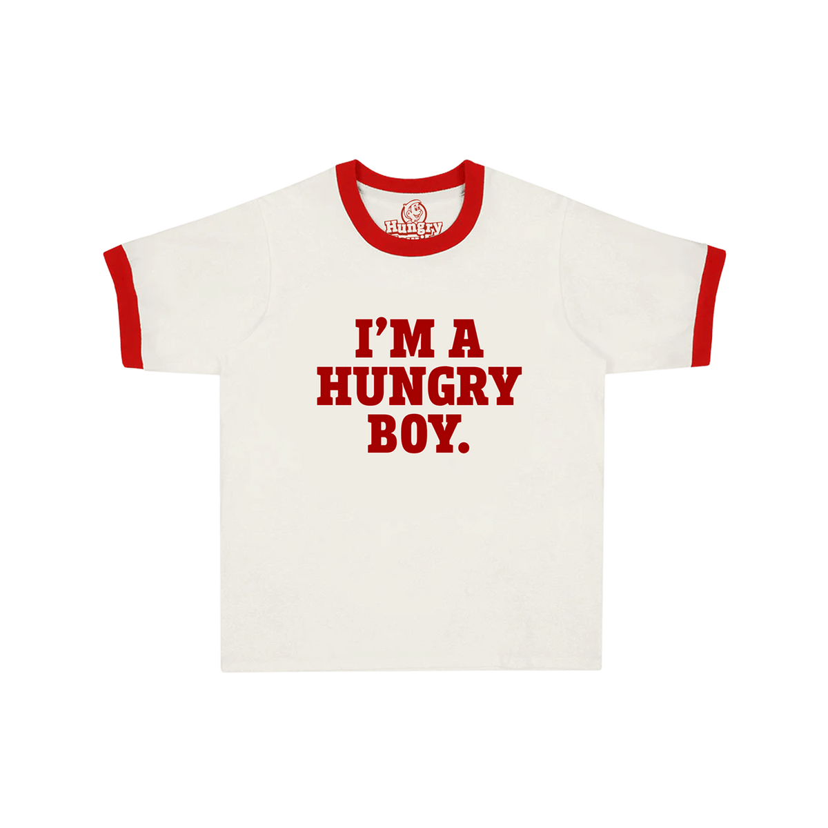 A white ringer t-shirt with red trim on the collar and sleeve cuffs, featuring the text 'I'M A HUNGRY BOY.' printed in red across the chest.
