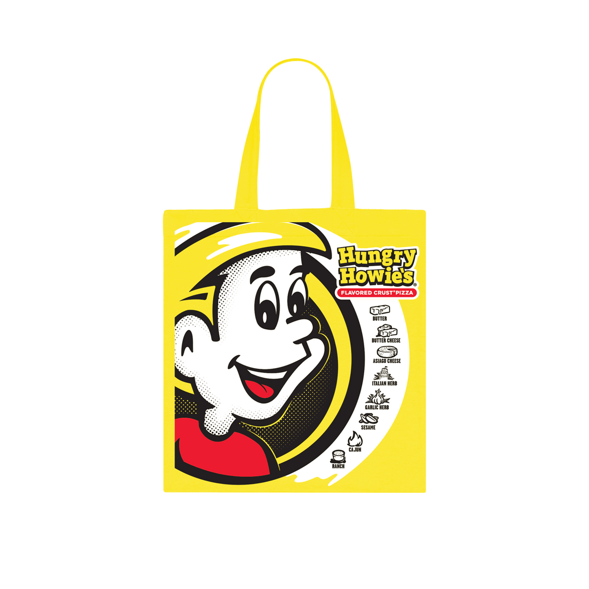 A yellow tote bag featuring the 'Hungry Howie's' cartoon character and logo.