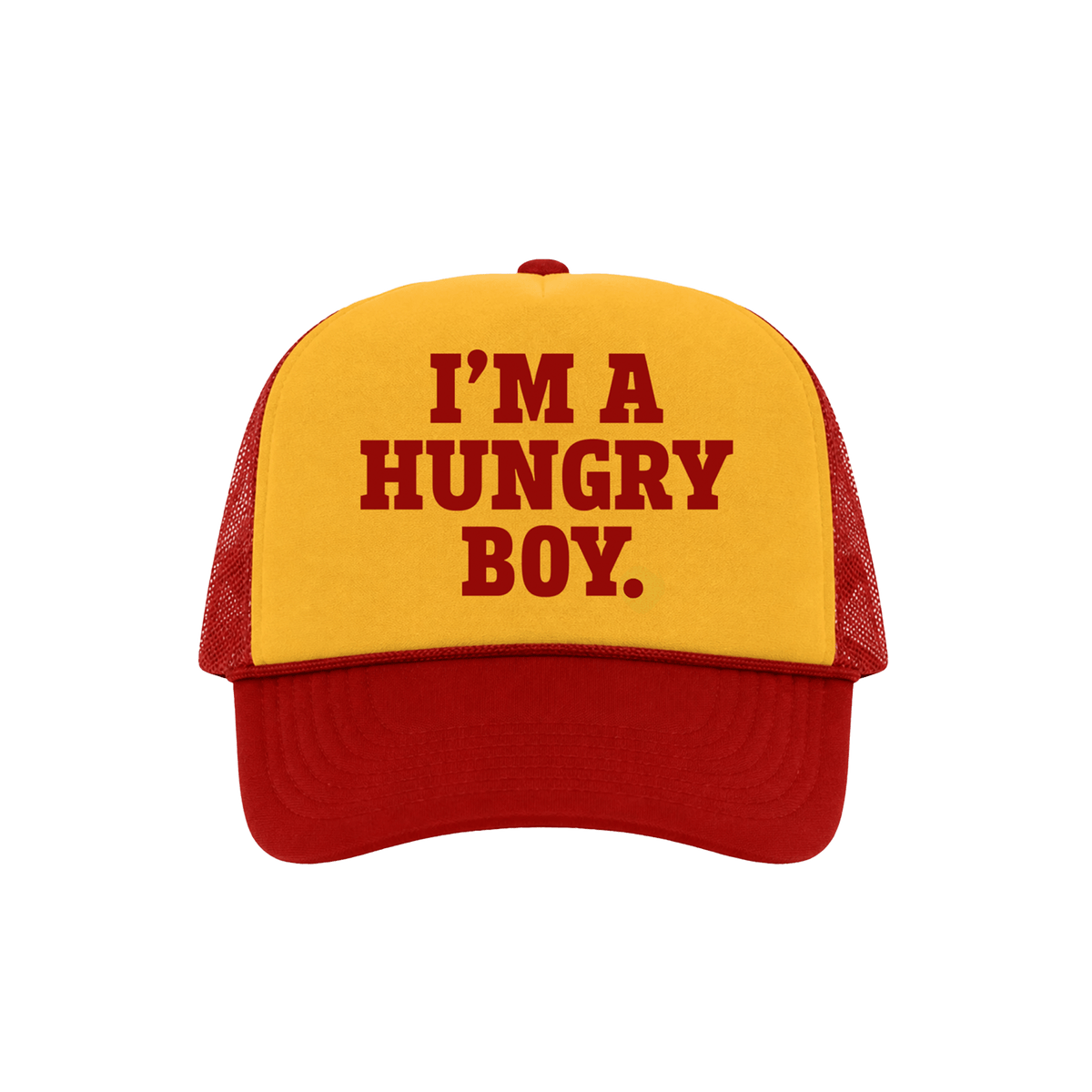 A red and yellow trucker hat with the text 'I'M A HUNGRY BOY.' printed in red on the yellow front panel.