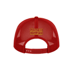 A red trucker-style cap shown from the back, featuring a mesh back and an embroidered logo on the center back that reads 'Hungry Howie's' in red.