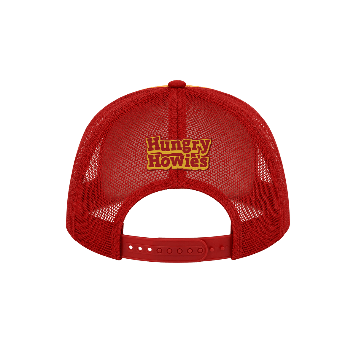 A red trucker-style cap shown from the back, featuring a mesh back and an embroidered logo on the center back that reads 'Hungry Howie's' in red.