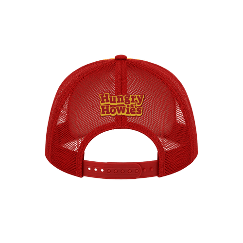 A red trucker-style cap shown from the back, featuring a mesh back and an embroidered logo on the center back that reads 'Hungry Howie's' in red.
